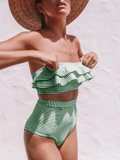 jobatua.com | Flounce Sleeve Bandeau Stripe Swimsuit