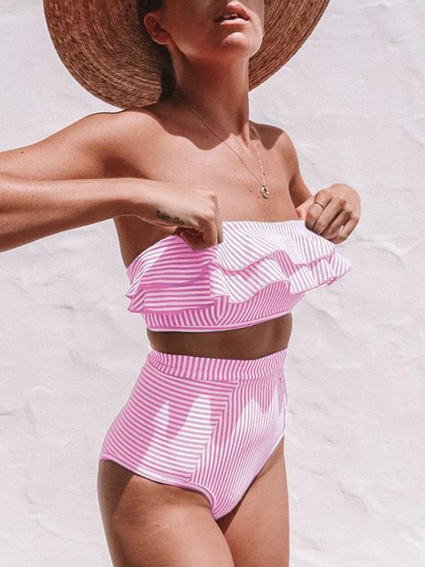 jobatua.com | Flounce Sleeve Bandeau Stripe Swimsuit