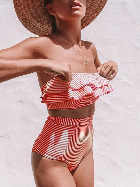 jobatua.com | Flounce Sleeve Bandeau Stripe Swimsuit