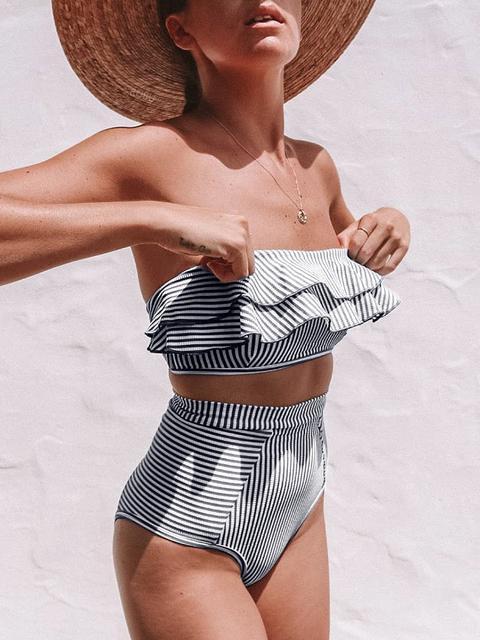 jobatua.com | Flounce Sleeve Bandeau Stripe Swimsuit
